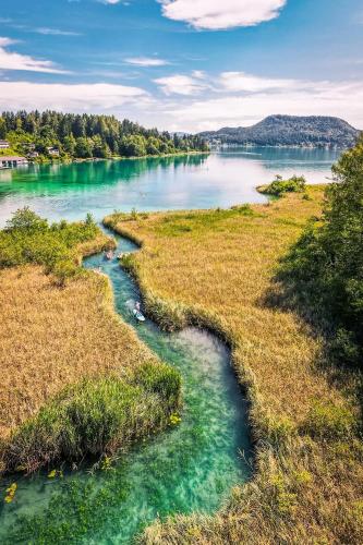 an aerial view of a river in a field at Apartment Sommer am Faaker See in Faak am See