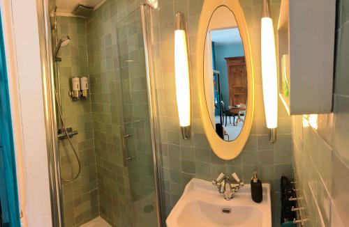 a bathroom with a sink and a mirror at Le Grand Barrois in Crecy la Chapelle