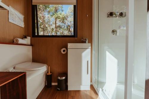 La salle de bains est pourvue de toilettes et d'une douche en verre. dans l'établissement Wildlife Haven, à Agnes Water