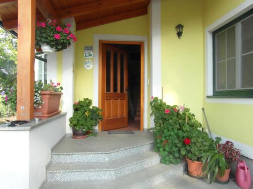 a front door of a house with potted plants at Huberhof im Almenland in Sankt Kathrein am Offenegg