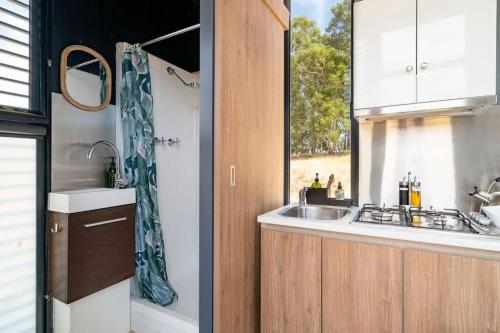 a small kitchen with a sink and a sink at Tiny Divine Farmstay in Korweinguboora