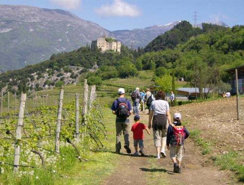 a group of people walking down a path with a castle in the background at Appartamento Masi in Lasino
