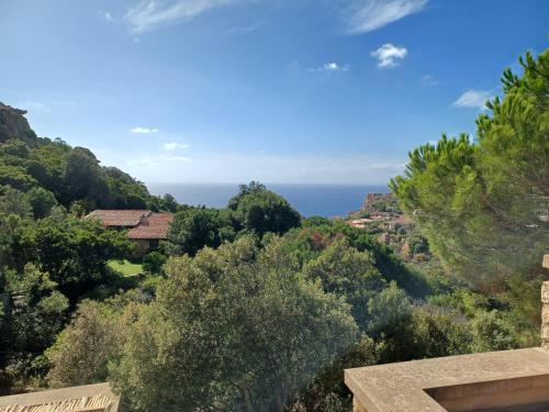 a view of the ocean from the house at Villa La Lecceta surrounded by greenery and sea view with sunset in Costa Paradiso