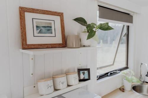 a white shelf with a picture and a plant at Noosa Tiny Home in Ringtail Creek