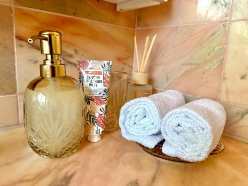 a bathroom counter with towels and a bottle of soap at Exquisites Apartment + Terrasse in Korb