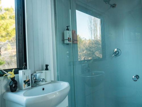 ein Bad mit einem Waschbecken und einer Glasdusche in der Unterkunft Blue Gum at Aranya Acres in Bungendore