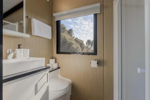 a bathroom with a toilet and a window at Avon River Homestead 