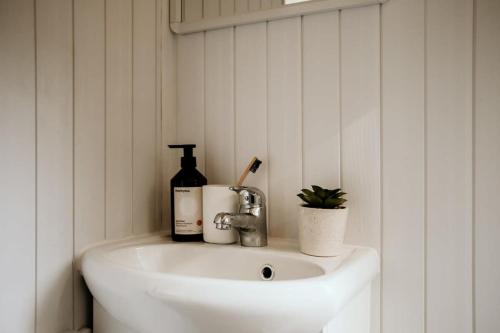 a white bathroom sink with a bottle of wine and a bottle at Hidden Creek Tiny Home in Kurrajong