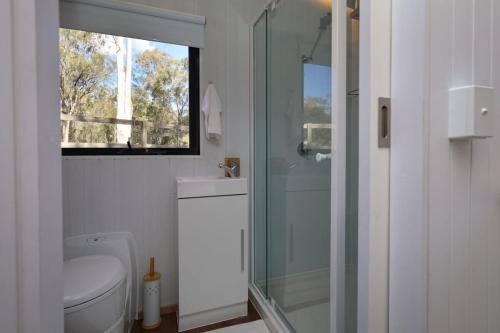 uma casa de banho com uma cabina de duche em vidro e um WC. em Silveroak Lodge Tiny House 