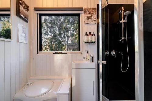 a bathroom with a toilet and a sink and a shower at Summer Lea 2 in Howes Creek