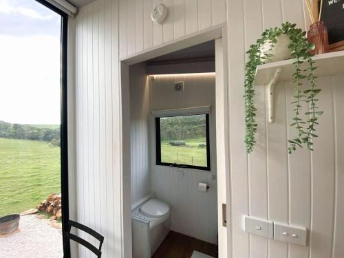 La salle de bains est pourvue de toilettes et d'une fenêtre. dans l'établissement Lotties Farm Tiny Homes, à One Tree Hill