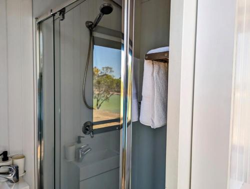 La salle de bains est pourvue d'une douche avec une porte en verre. dans l'établissement Turtle Island Lakeside Tiny House, à Toogoom