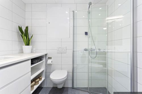 a bathroom with a toilet and a glass shower at Eksklusiv byleilighet med utsikt i Trondheim in Trondheim