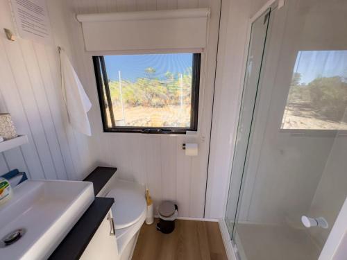 a bathroom with a sink and a toilet and a window at Hill River Nature Reserve in Jurien Bay