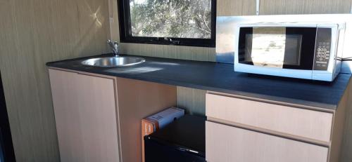 a kitchen counter with a sink and a microwave at Willalooka Escape in Willalooka 