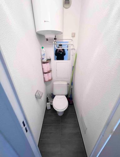 - une petite salle de bains avec toilettes dans une cabine dans l'établissement Appartement T2 vue mer port-leucate accès direct plage avec piscine et ascenseur port leucate, à Leucate