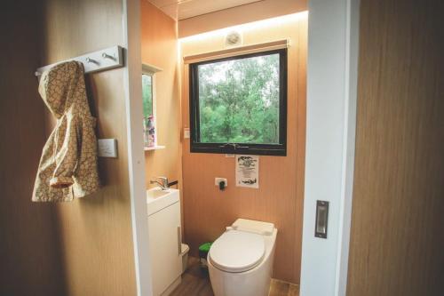 a small bathroom with a toilet and a window at Quirindi in Dunalley