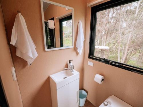 a bathroom with a toilet and a sink and a window at Streamside Tiny House in Mangatarata