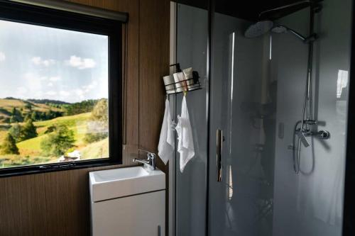 a bathroom with a shower and a sink and a window at Mighty Tiny House 2 in Ruawaro