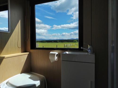 uma casa de banho com uma janela com um WC e um lavatório em Saffrondaze Farmstay em Oxford