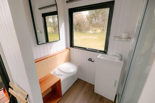 a small bathroom with a toilet and a window at Harrington's on the Terrace - Murchison in Te Anau