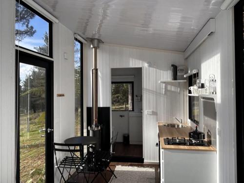 eine Küche mit einem Waschbecken und einem Tisch in einem Zimmer in der Unterkunft Aroha Tiny House in Rangihaeata