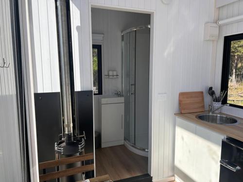 a bathroom with a shower and a sink and a mirror at Ruru Tiny House in Rangihaeata
