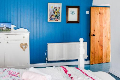 a bedroom with blue walls and a bed with a radiator at Boss’s farmhouse in Valentia Island