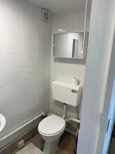 a bathroom with a toilet and a sink and a mirror at The“LITTLE BOLT”In Reading. in Earley