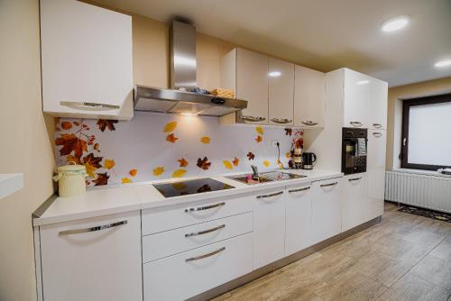 a kitchen with white cabinets and a sink at Apartment LeLa with Sauna in Kranjska Gora