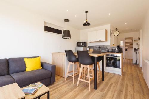 ein Wohnzimmer mit einem Sofa und einer Küche in der Unterkunft L'Aindus de Brou- parking privé- RDC in Bourg-en-Bresse