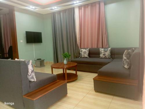 - un salon avec un canapé et une télévision dans l'établissement Ikenga Apartments Kigali, à Kigali