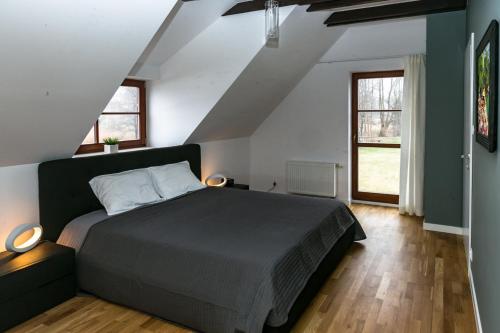 a bedroom with a large bed in a attic at Art&Lake House in Pasym