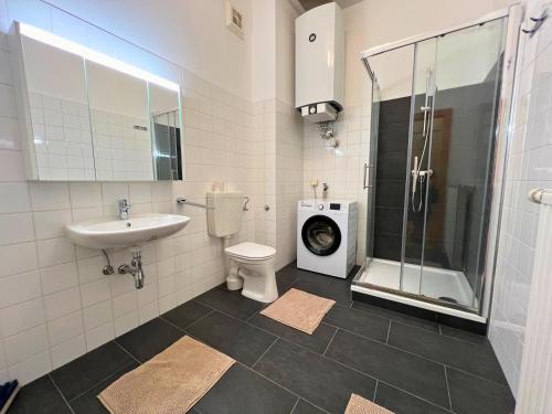 a bathroom with a sink toilet and a washing machine at Leoben City Apartments - Premium Apartments 24 7 in Leoben