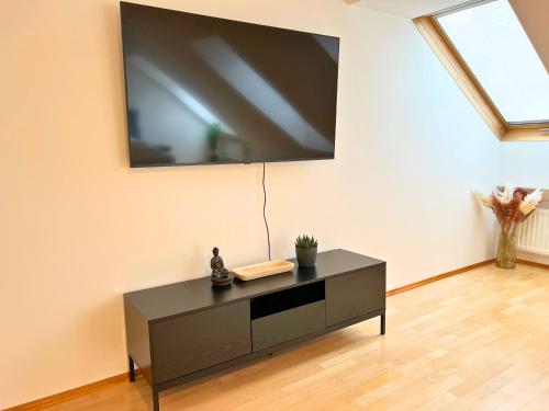 a living room with a television on a wall at Leoben City Apartments - Premium Apartments 24 7 in Leoben