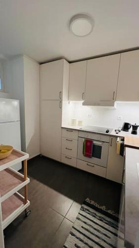 a kitchen with white cabinets and a stove at Vouga Lodge in São Pedro do Sul