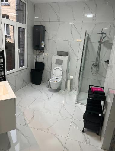 a white bathroom with a toilet and a shower at Romeo et juliette in Spa