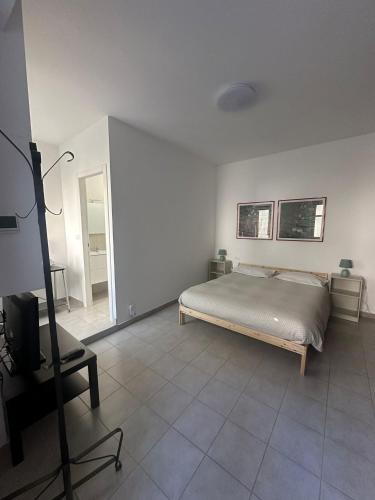 ein Schlafzimmer mit einem Bett und einem TV. in der Unterkunft Giuditta B&B stanza in Ciriè