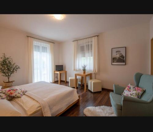 a bedroom with a bed and a chair and two windows at Il centro in Petronell