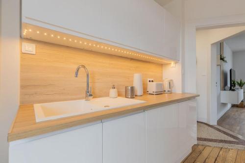 Una cocina con fregadero y encimera de madera. en Les arènes, Metz Centre-Gare-Muse , 4 pers, en Metz