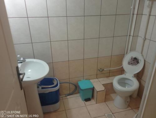 małą łazienkę z toaletą i umywalką w obiekcie Geralis Lodge w Chalkidzie