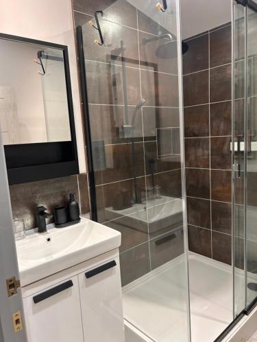 Un baño con ducha con lavabo y espejo. en The Little Paddock, en Bath