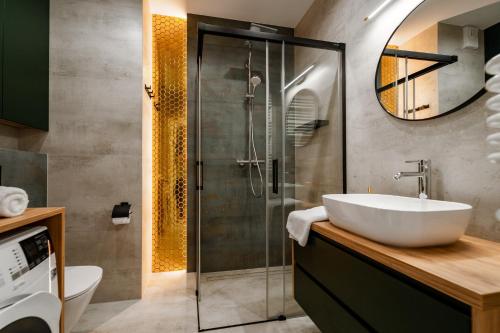 a bathroom with a sink and a glass shower at Stary Browar Apartamenty in Bielsko-Biała