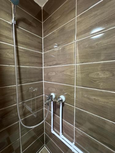 a shower in a bathroom with a brown tiled wall at Ethno village Molitva in Družiniće