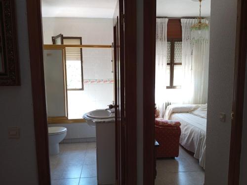 ein Bad mit einem Waschbecken, einem WC und einem Bett in der Unterkunft Room in Lodge - Toledo Double Private Room in Toledo