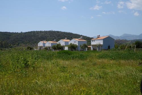 a row of houses in a field of grass at La Familia Luxury Private Maisonettes near the sea in Gythio