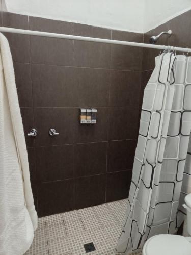 y baño con ducha y aseo. en Confortable Loft MN 960 F Centro, en Monterrey