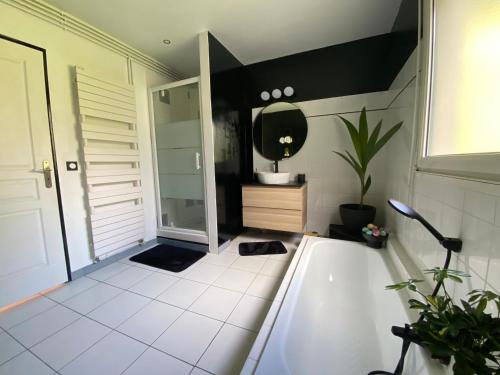 ein Badezimmer mit einer Badewanne, einem Waschbecken und einem Spiegel in der Unterkunft Maison vue mer, port et ville in Fécamp