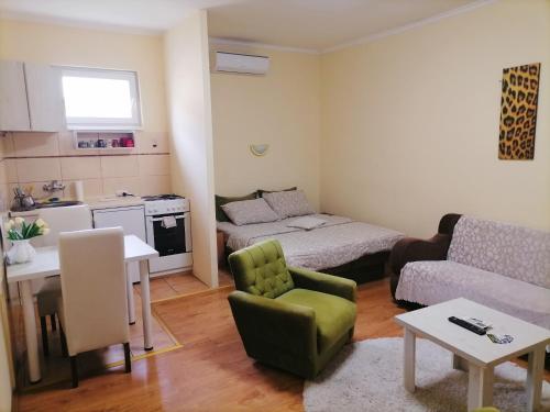 沙巴茲 Š的住宿－Apartman Biljana，带沙发和桌子的小客厅