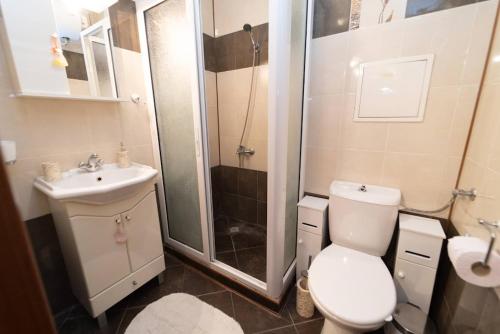 uma casa de banho com um chuveiro, um WC e um lavatório. em Апартамент за гости Уют em Burgas